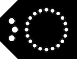 BC Clan Label icon. Black tag shape with a circle made of small white dots in center. On left side are three larger white dots.
