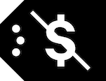 BC Non-Commercial Label icon. Black tag shape with a white dollar sign and a diagonal line through it in center. On left side are three white dots.