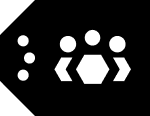 BC Open to Collaboration Label icon. Black tag shape with three white overlapping figures in center made up of hexagons on bottom and circles on top. On left side are three white dots.