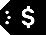 BC Open to Commercialization Label icon. Black tag shape with a white dollar sign in center. On left side are three white dots.