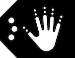 BC Outreach Label icon. Black tag shape with a white hand that has two dots stretching outward from each finger. On left side are three white dots.