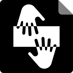 black square with white rectangle being held by two hands in the middle
