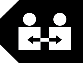 TK Men Restricted Label icon. Black tag shape with two white figures made up of two squares on bottom and two circles on top with a double-sided arrow connecting both figures.